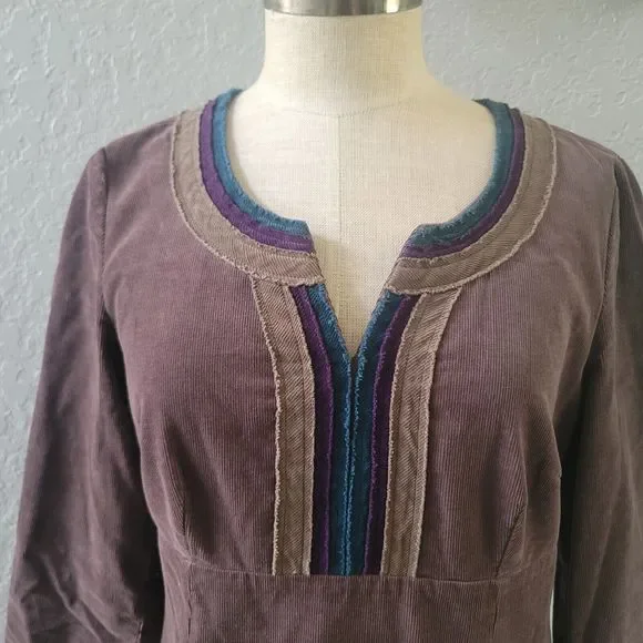 BODEN Corduroy Dress 6R Womens 3/4 Sleeve Embroidered Shift Midi Brown - Picture 2 of 11